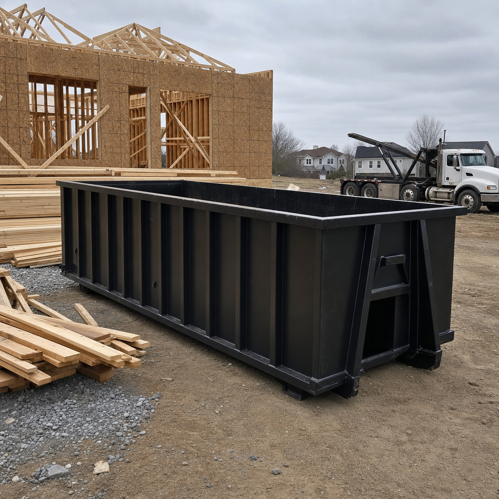 Matte-black 40-yard roll-off dumpster staged on a framed-out residential construction site in Canton, framing lumber stacked nearby, hooklift delivery truck visible in the background under bright Colorado daylight