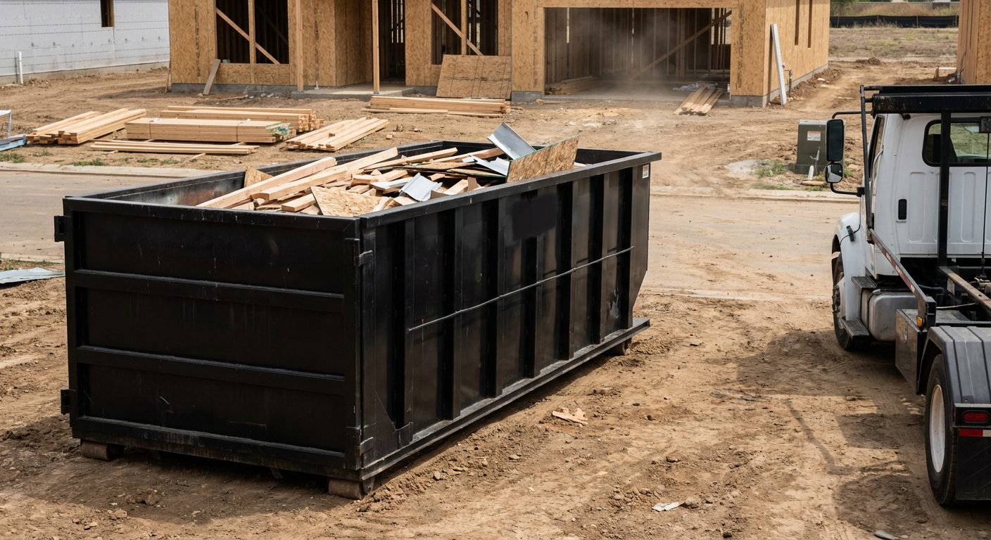 Matte-black 20-yard roll-off construction dumpster with heavy ribbed steel sidewalls and swing rear doors at a working jobsite in Canton, sitting directly on compacted dirt with an unmarked white hauler partially visible at the far edge of the frame.