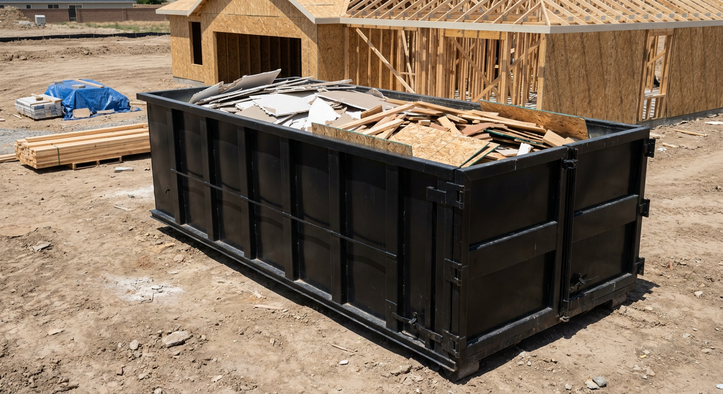 Matte-black 30-yard roll-off construction dumpster sitting directly on the compacted-dirt site of a framed single-family home build in Canton, drywall and lumber scrap loaded inside.