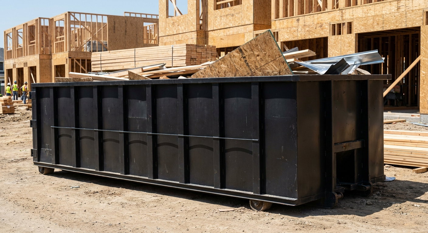 Matte-black 40-yard roll-off construction dumpster being lowered from a white-cab hooklift delivery truck onto the compacted-dirt jobsite at a commercial build site in Canton