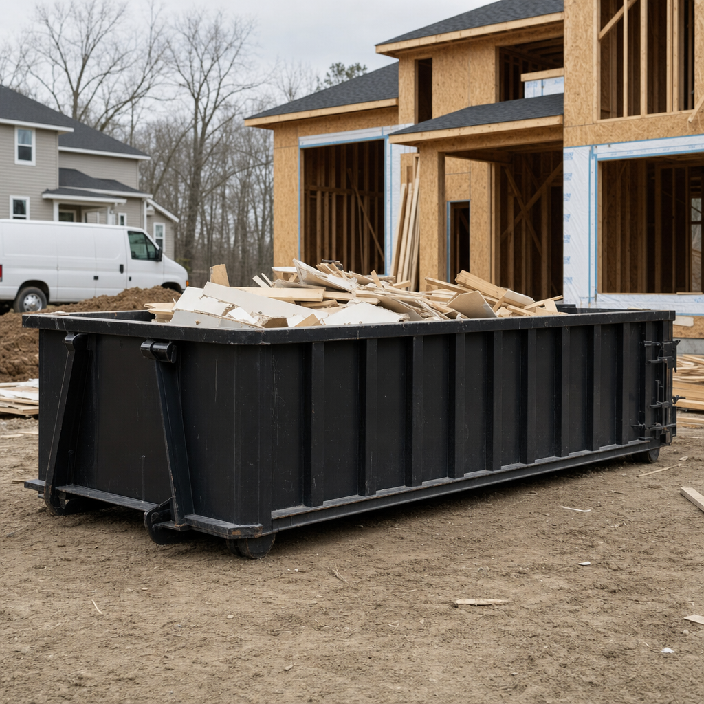 Worker in a yellow high-visibility vest tossing framing lumber and broken drywall into a matte-black 30-yard construction roll-off dumpster on an active build site in Canton, bright daylight