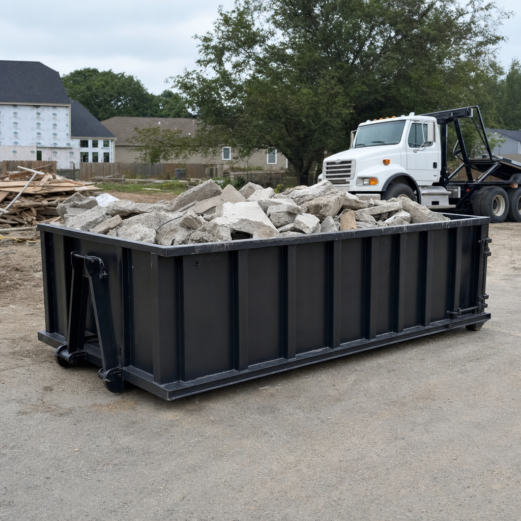 Low-profile matte-black lowboy roll-off dumpster loaded with broken concrete slab and rebar at a foundation tear-out in Canton, skid steer parked beside it, sunny Colorado morning