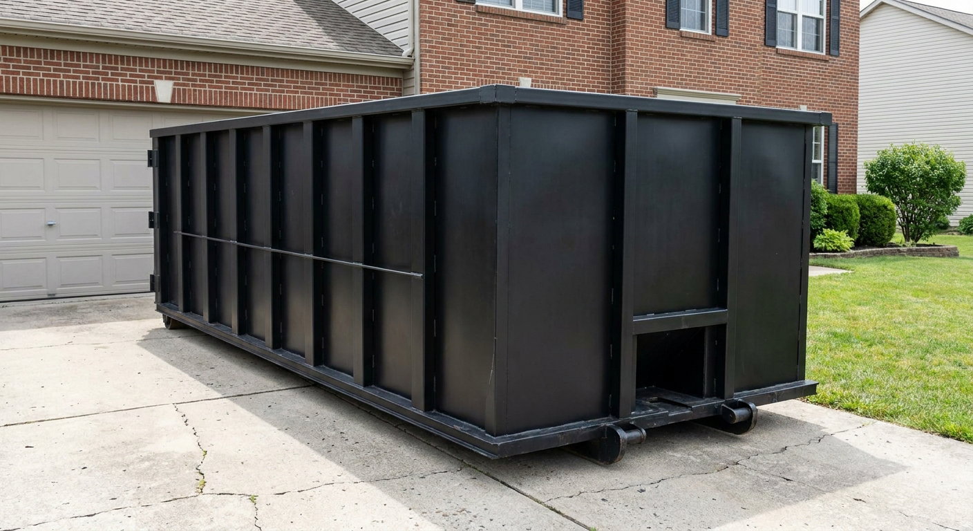 Matte-black 20-yard roll-off container on a Canton residential concrete driveway with reinforced ribbed steel sidewalls and a hinged rear walk-in door, clean bright daylight.