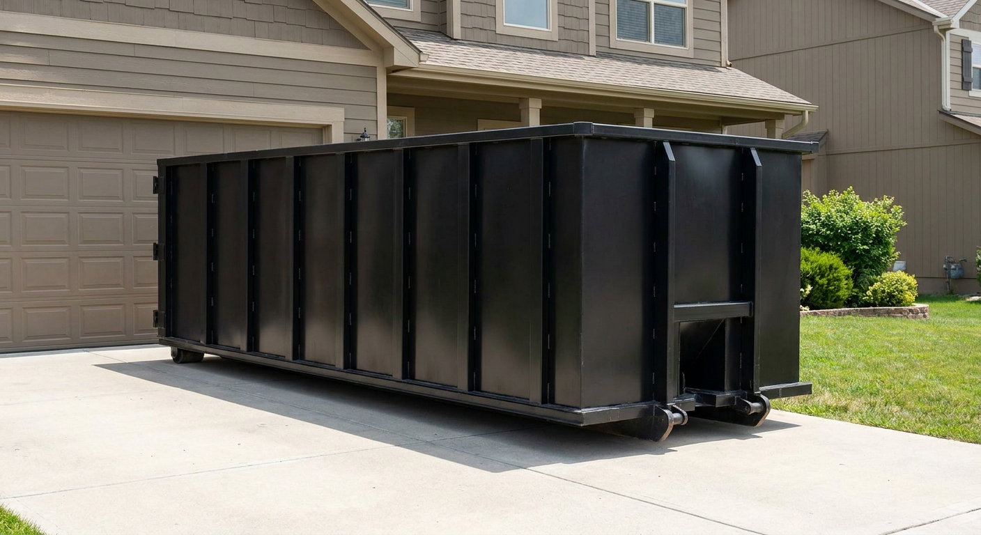 Matte-black residential roll-off dumpster sitting directly on a suburban Canton concrete driveway, garage door closed, single-family home in background, bright morning daylight.
