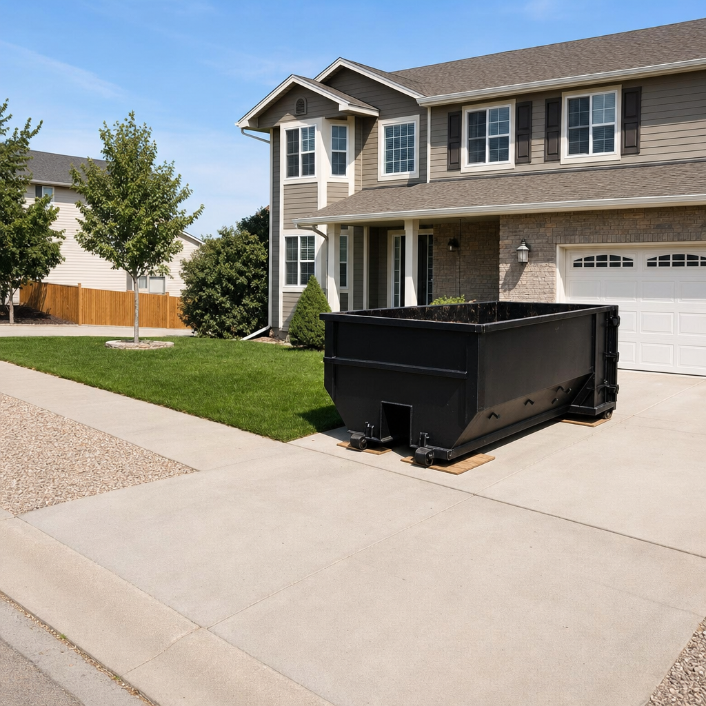 10-yard matte-black residential dumpster placed directly on a narrow Canton concrete driveway, room remains for a parked sedan beside it, mid-morning natural light