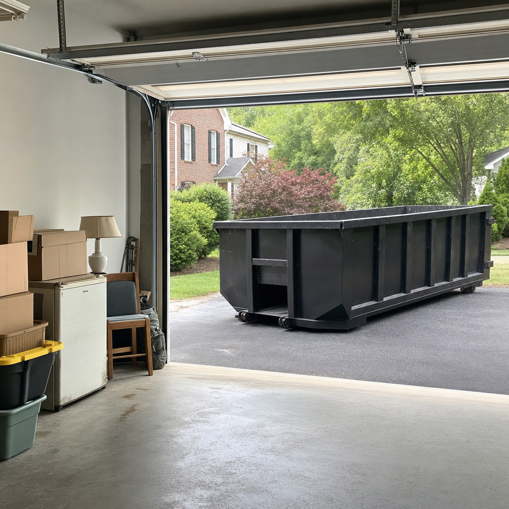 Open garage interior in a Canton home mid-cleanout — boxed items, an old appliance, and stacked yard tools queued near the driveway for a matte-black roll-off dumpster, organized and calm
