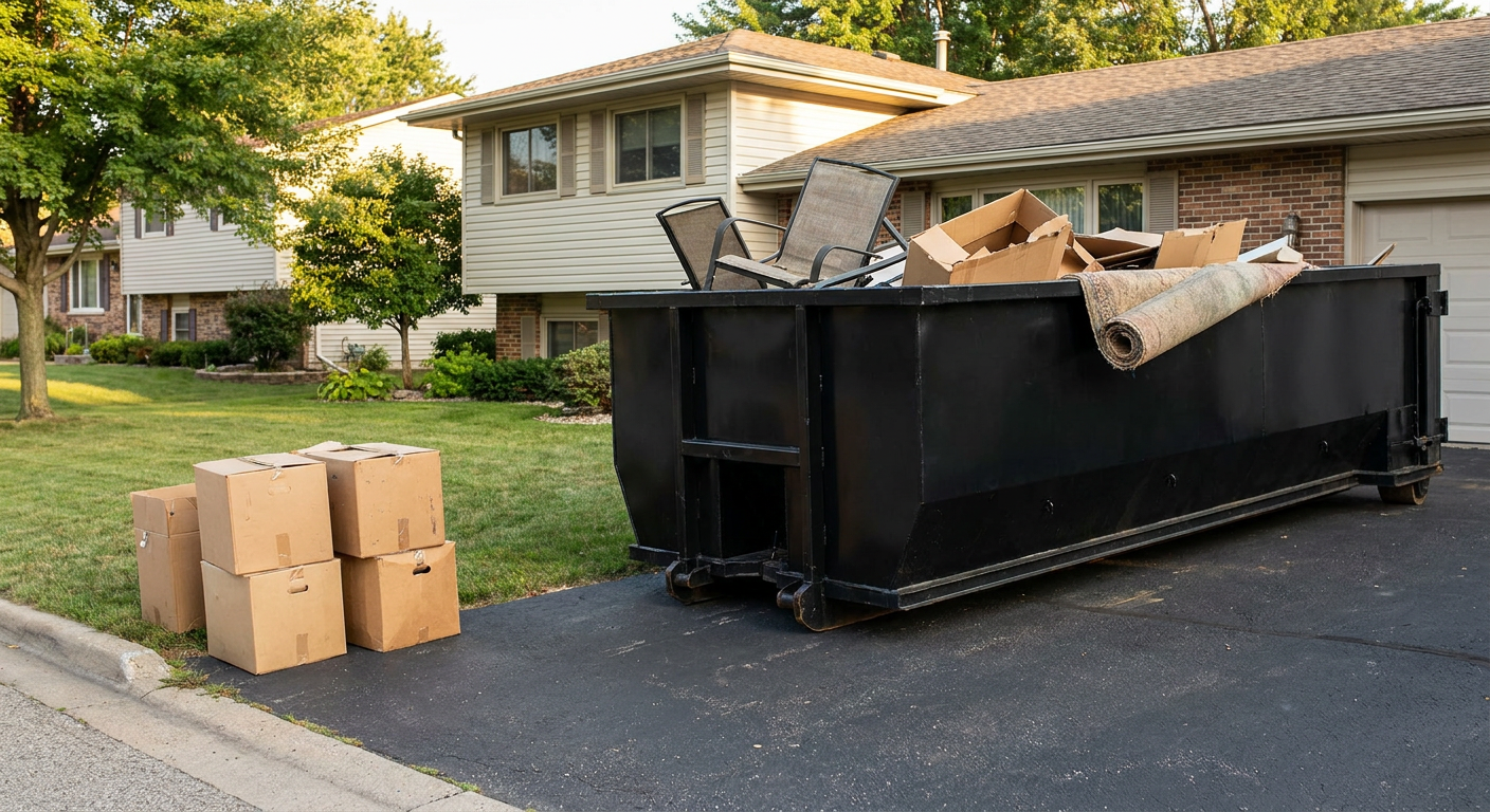 Front-yard view of a Canton split-level home with a 20-yard matte-black roll-off dumpster sitting directly on the asphalt driveway, a few clearly labeled donation boxes staged at the curb, calm sunny afternoon.