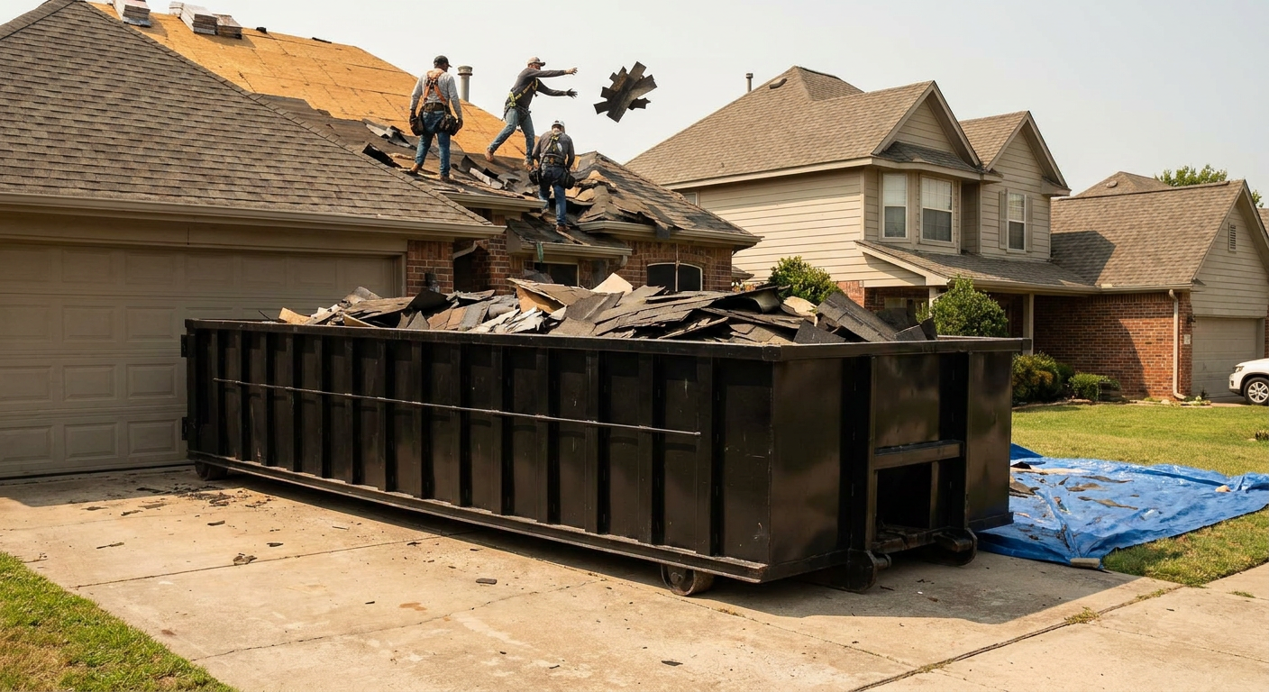 Matte-black roofing roll-off dumpster placed directly on a Canton residential concrete driveway, a tear-off crew on a two-story asphalt-shingle roof tossing shingle bundles into the low-walled container, bright daylight, documentary 35mm perspective.