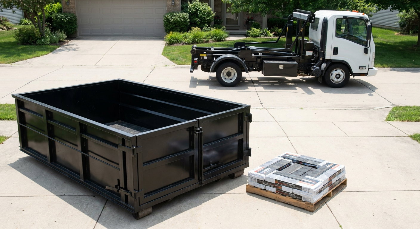 Matte-black 15-yard roofing roll-off dumpster with reinforced low side walls sitting directly on a Canton residential concrete driveway, three-tab asphalt shingle bundles stacked nearby, an unmarked white hauler truck partially visible at the edge of the frame.