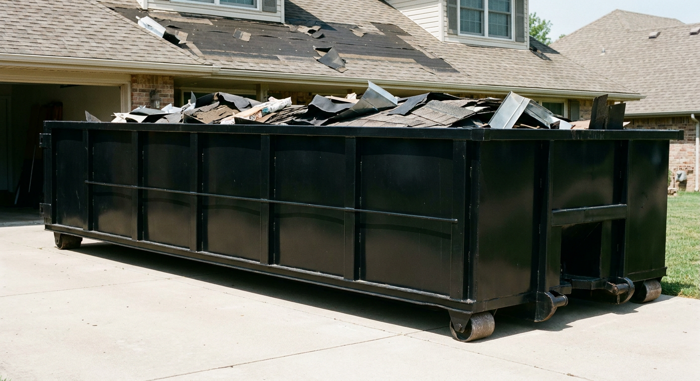 Matte-black 20-yard roofing roll-off dumpster with steel ribbed sides and swinging rear door, sitting directly on the concrete driveway of a two-story Canton home, asphalt shingle debris being loaded over the low wall, clean documentary lighting.