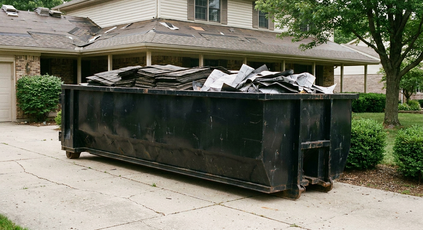 Matte-black 30-yard roofing roll-off dumpster sitting directly on a Canton concrete driveway, taller ribbed steel side panels, mixed tear-off debris of asphalt shingles and underlayment inside, professional documentary daylight.