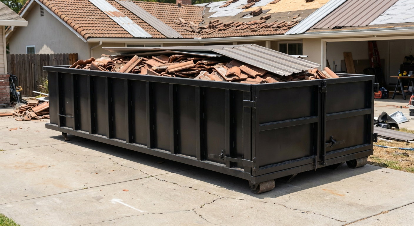 Matte-black low-wall heavy-debris roofing roll-off dumpster sitting directly on a Canton concrete driveway, broken concrete clay roof tiles and metal panel sections loaded inside, reinforced ribbed steel side walls visible, bright outdoor daylight.