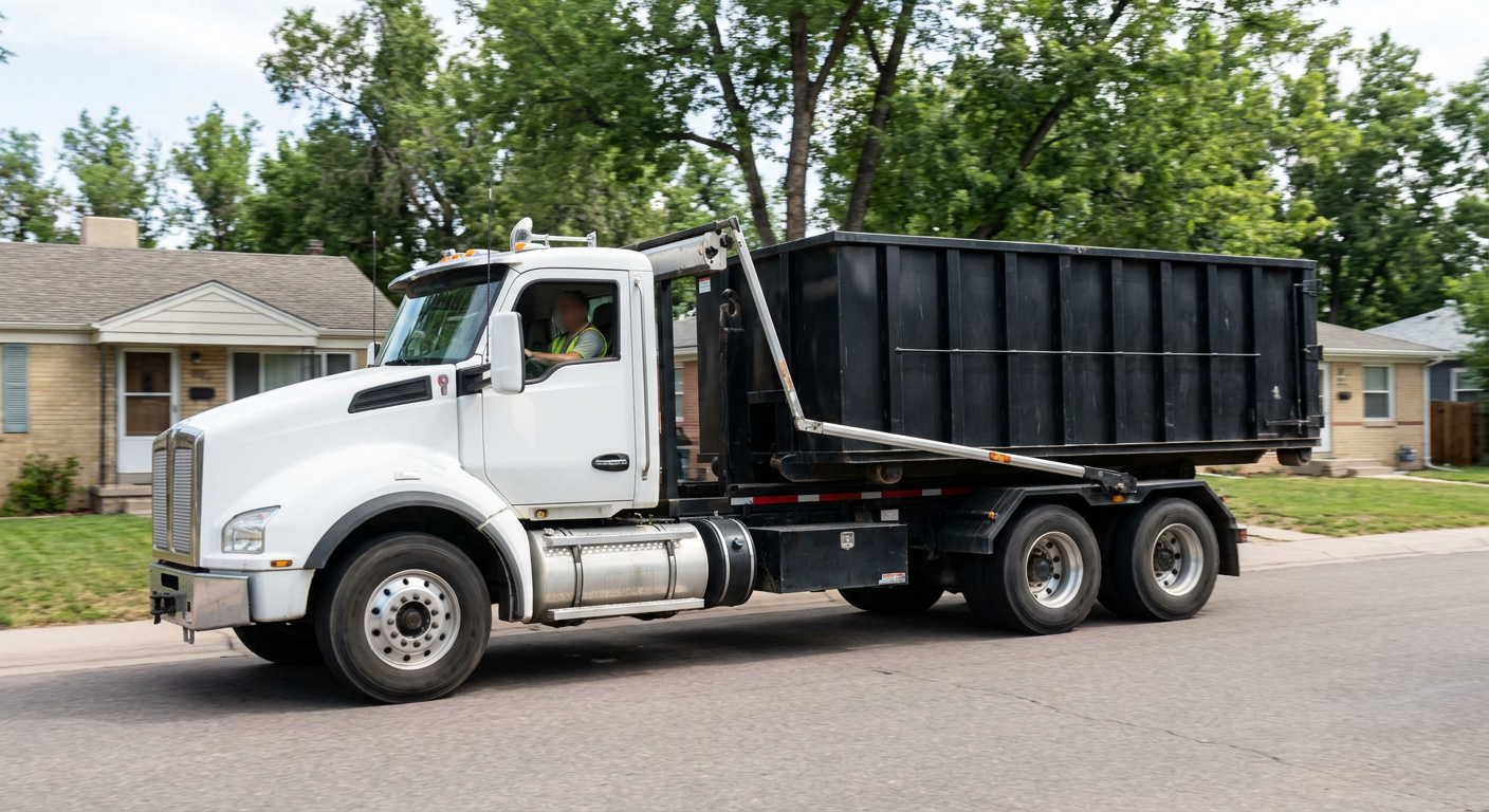 A wide documentary shot of a matte-black roll-off delivery truck pulling onto a quiet Canton residential street at mid-morning, with neighborhood rooftops and tree-lined blocks visible behind, showing the metro coverage footprint.