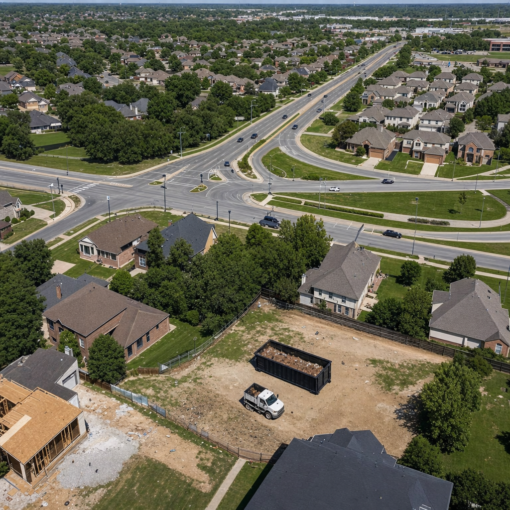 An overhead documentary view of the Canton metro area at midday, showing the spread of neighborhoods, arterial roads, and the dispatch radius from a central yard — clean daylight, organized geographic layout.