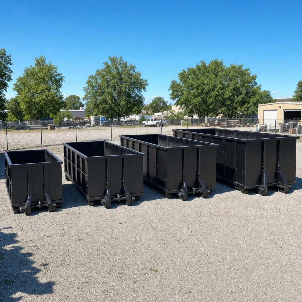 A clean lineup of matte-black roll-off dumpsters in 10, 20, 30, and 40-yard sizes staged on a sunlit gravel yard in Canton, showing the size progression from compact to commercial-scale containers.