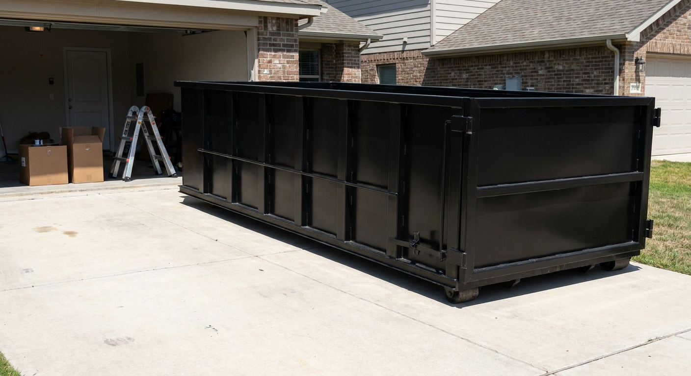 A matte-black 10-yard roll-off dumpster sitting directly on a residential Canton concrete driveway, mid-day sunlight, clean and ready for a garage cleanout.