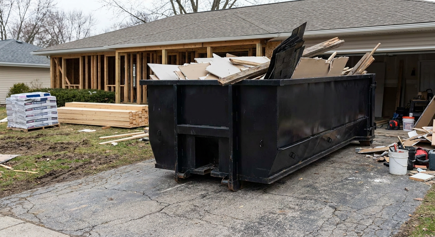A matte-black 20-yard roll-off dumpster placed alongside a mid-renovation Canton home directly on the asphalt driveway, with framing materials and torn-off shingles staged neatly nearby.