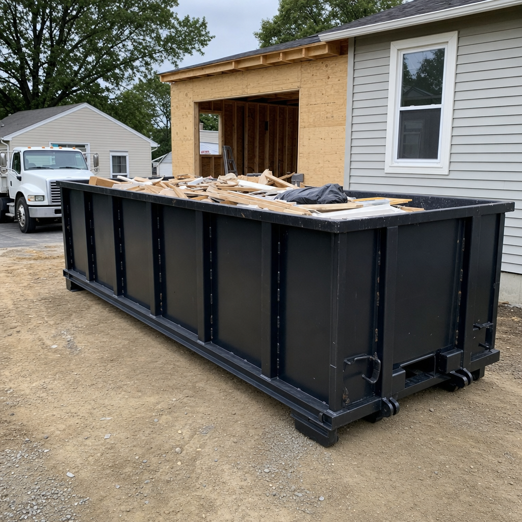 A matte-black 30-yard roll-off dumpster positioned at a Canton residential addition jobsite, with framing lumber and drywall scraps loaded through the open swinging rear doors.