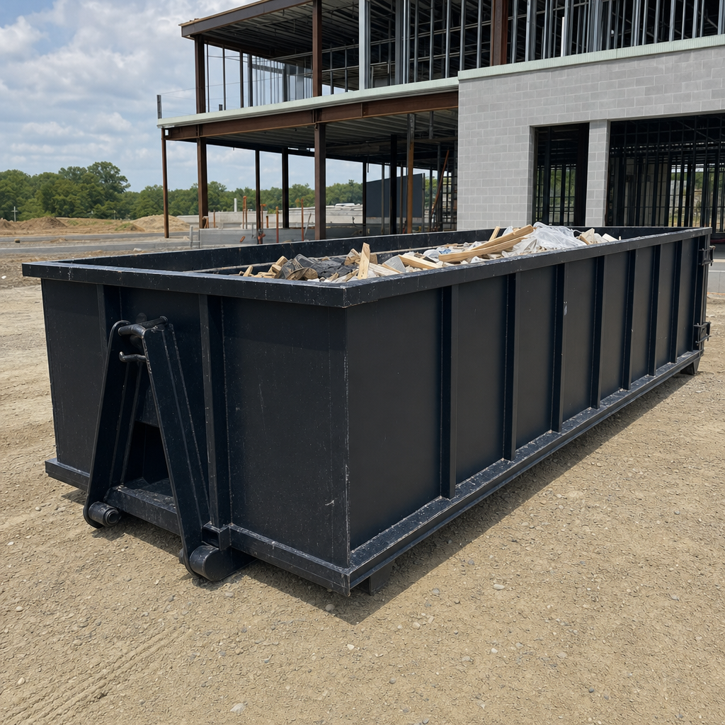 A matte-black 40-yard roll-off dumpster staged on a large Canton commercial construction lot, with a hooklift delivery truck parked alongside under bright midday sky.