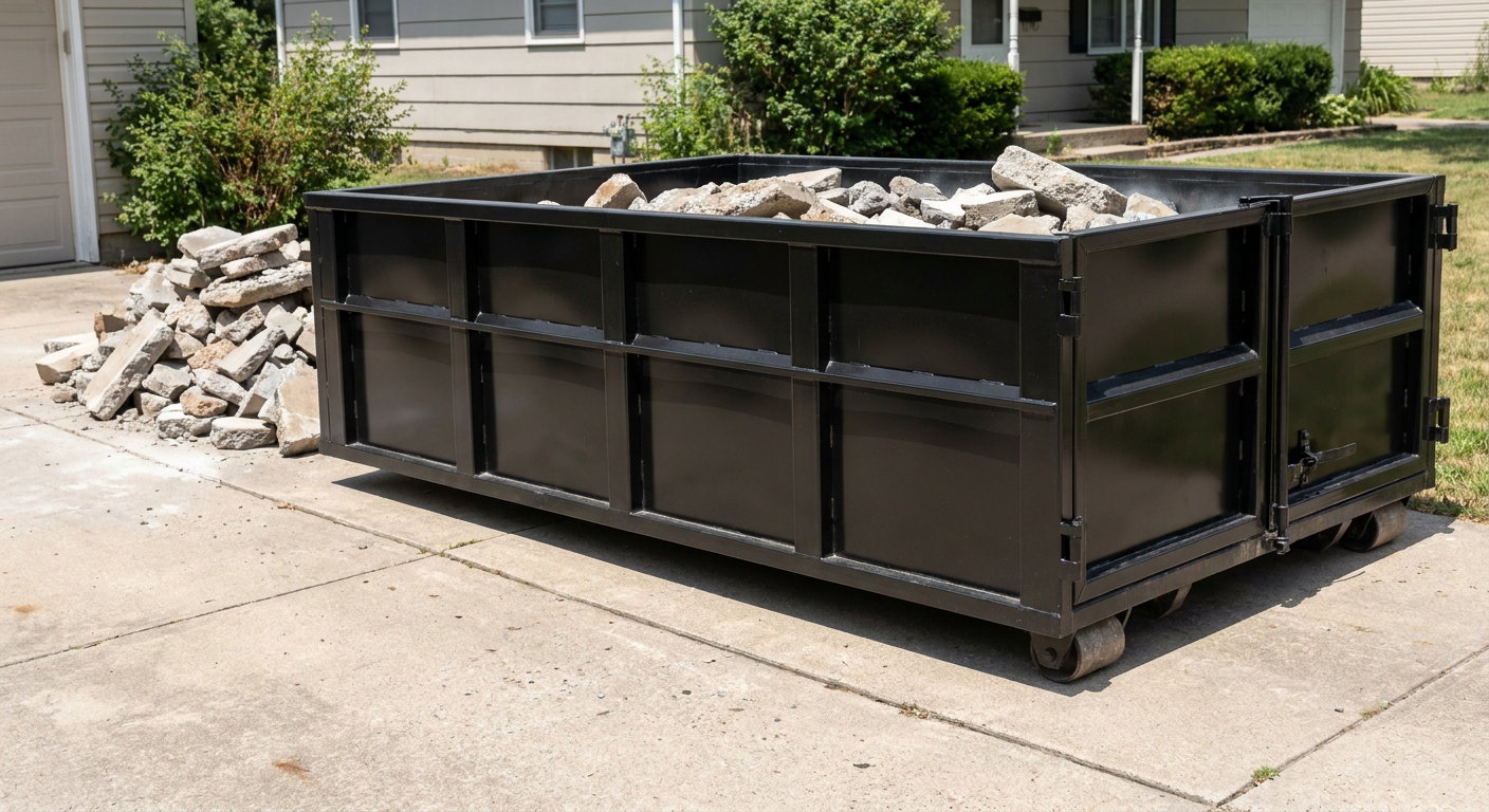 A matte-black low-side heavy-debris roll-off dumpster placed directly on a Canton concrete driveway, with broken concrete chunks neatly stacked beside it under clean daylight.